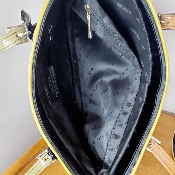 VTG ARCADIA Black Gloss TOTE BAG SHOULDER PURSE PATENT LEATHER Travel Bag - Picture 7 of 12